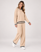 Women’s Co-Ord Set with Jumper and Wide Leg Trousers in Beige, three quarter body view