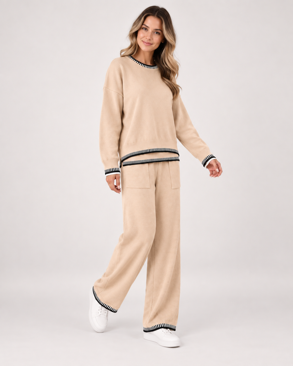 Women’s Co-Ord Set with Jumper and Wide Leg Trousers in Beige, three quarter body view