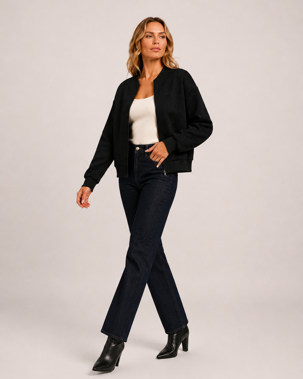 Women’s black zip up cardigan crossover full body view