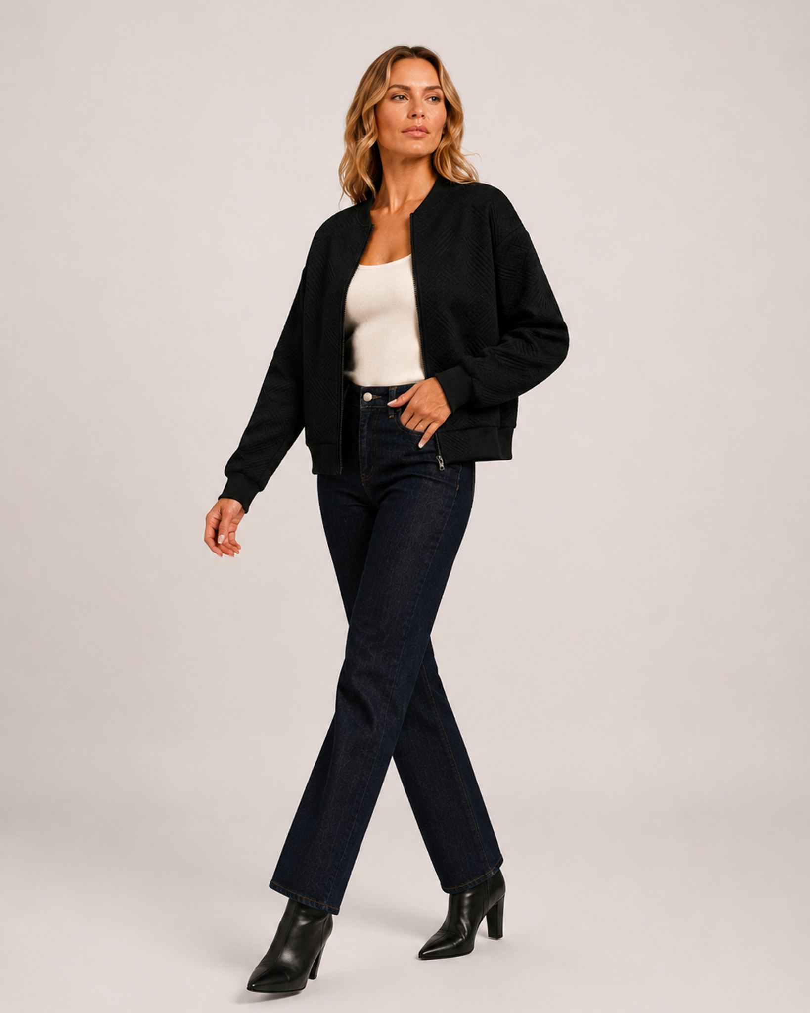 Women’s black zip up cardigan crossover full body view