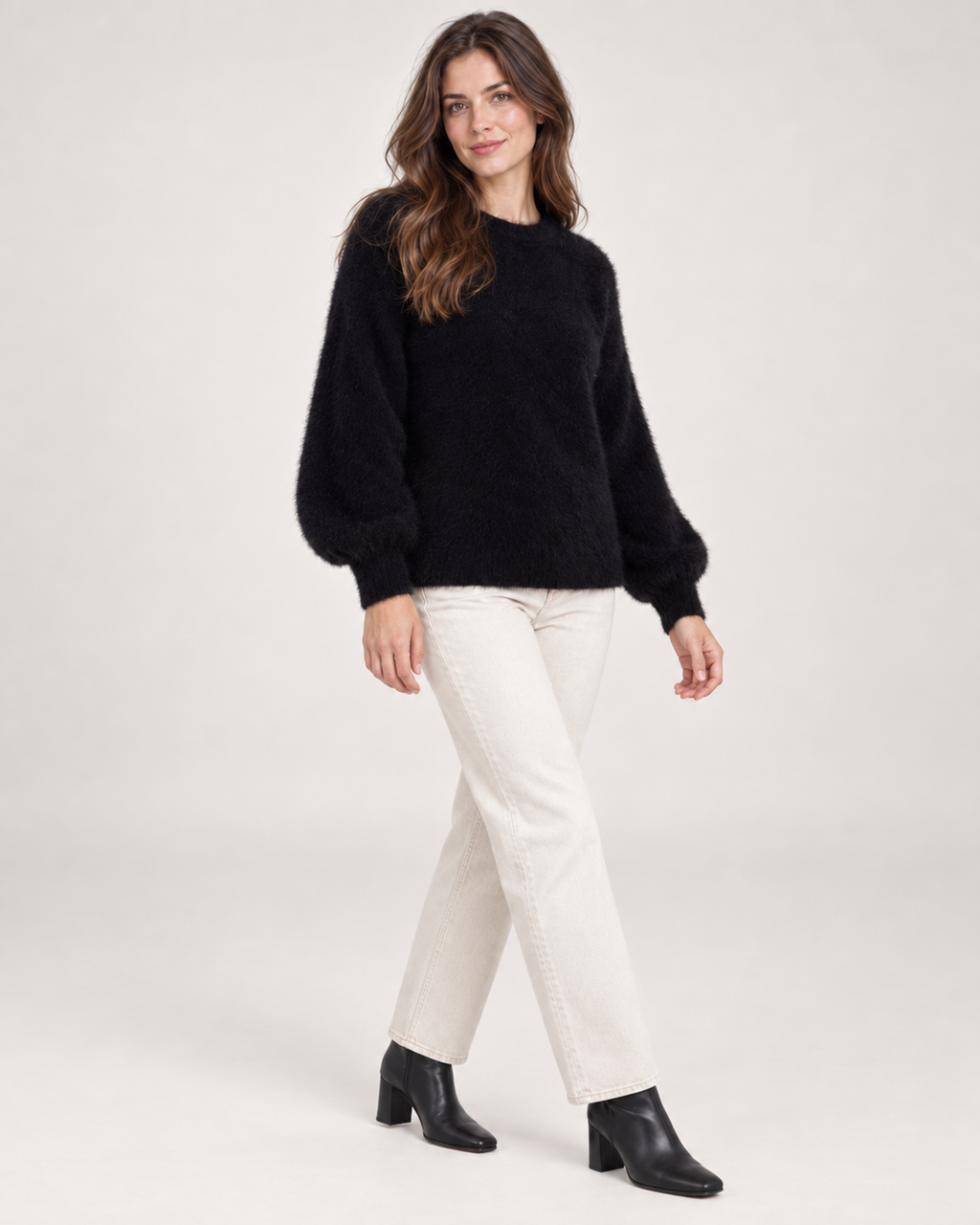 Women’s Fluffy Jumper with Crew Neck in Black, three quarter body view