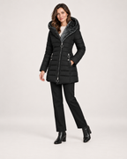 Women’s Long Puffer Jacket with Hood and Asymmetric Zip in Black, three quarter body view