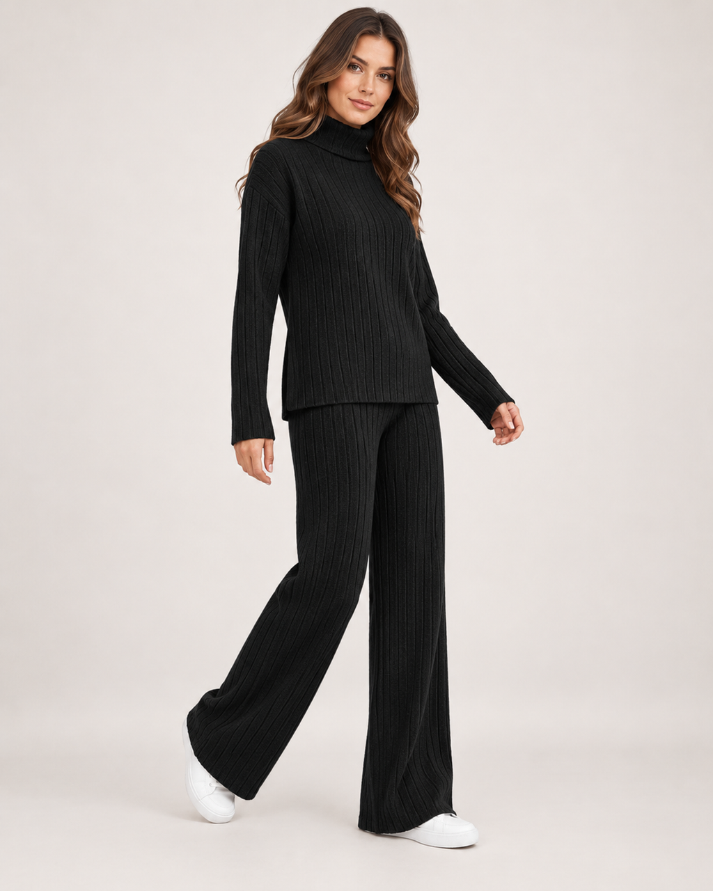 Women’s Knitted Co-Ord Set with Roll Neck and Wide Leg Trousers in Black, three quarter body view