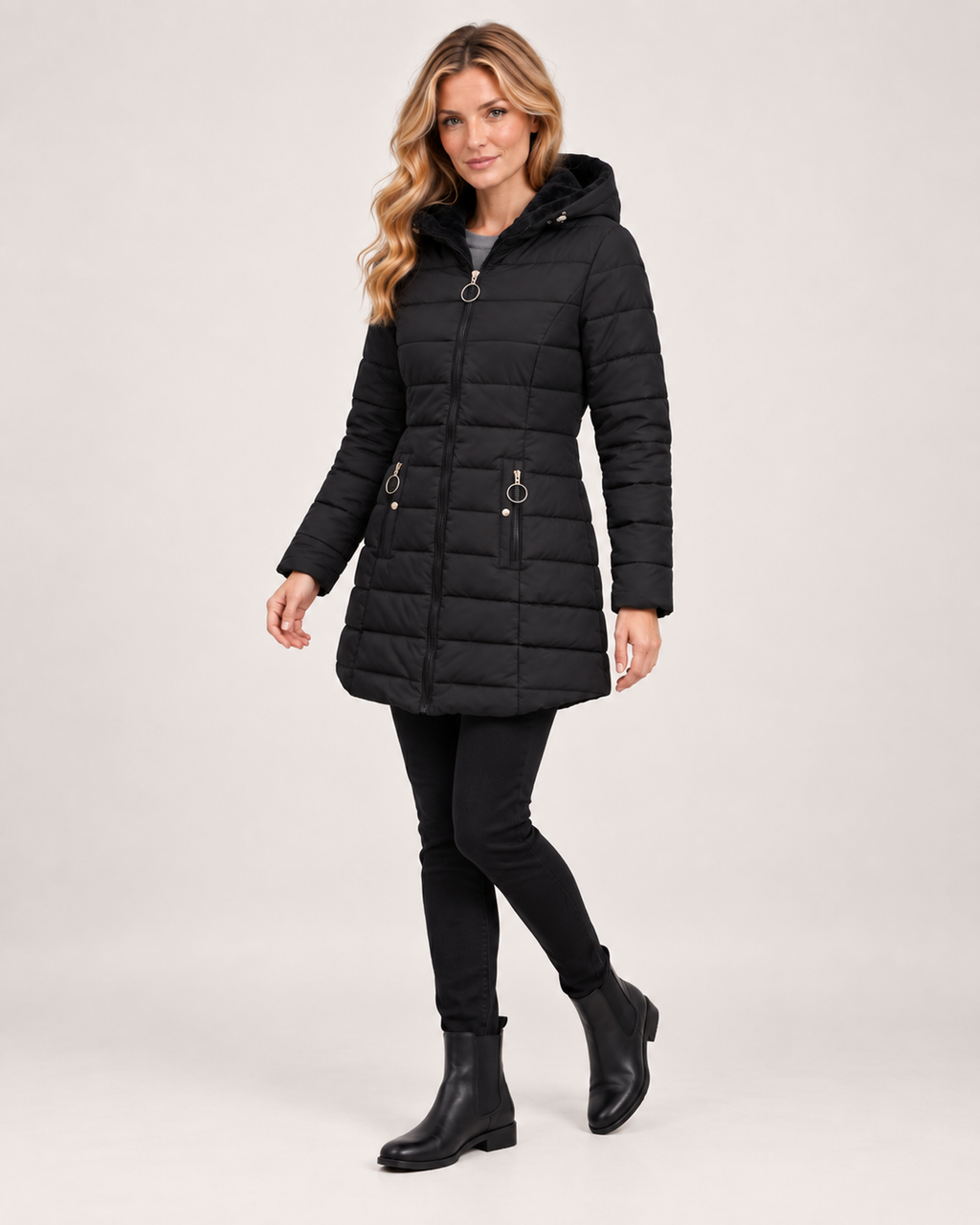 Women’s Quilted Jacket with Hood and Longline Shape in Black, three quarter body view