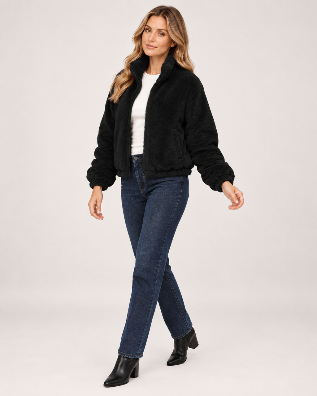 Women’s Fleece Jacket with Funnel Neck and Zip Front in Black, three quarter body view