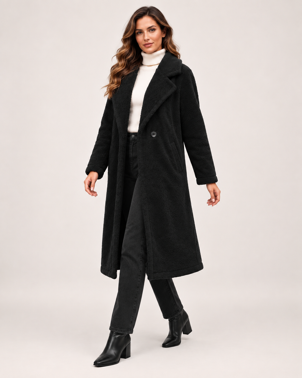 Women’s Borg Coat with Long Shape and Lapel Collar in Black, three quarter body view