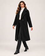 Women’s Borg Coat with Long Shape and Lapel Collar in Black, three quarter body view