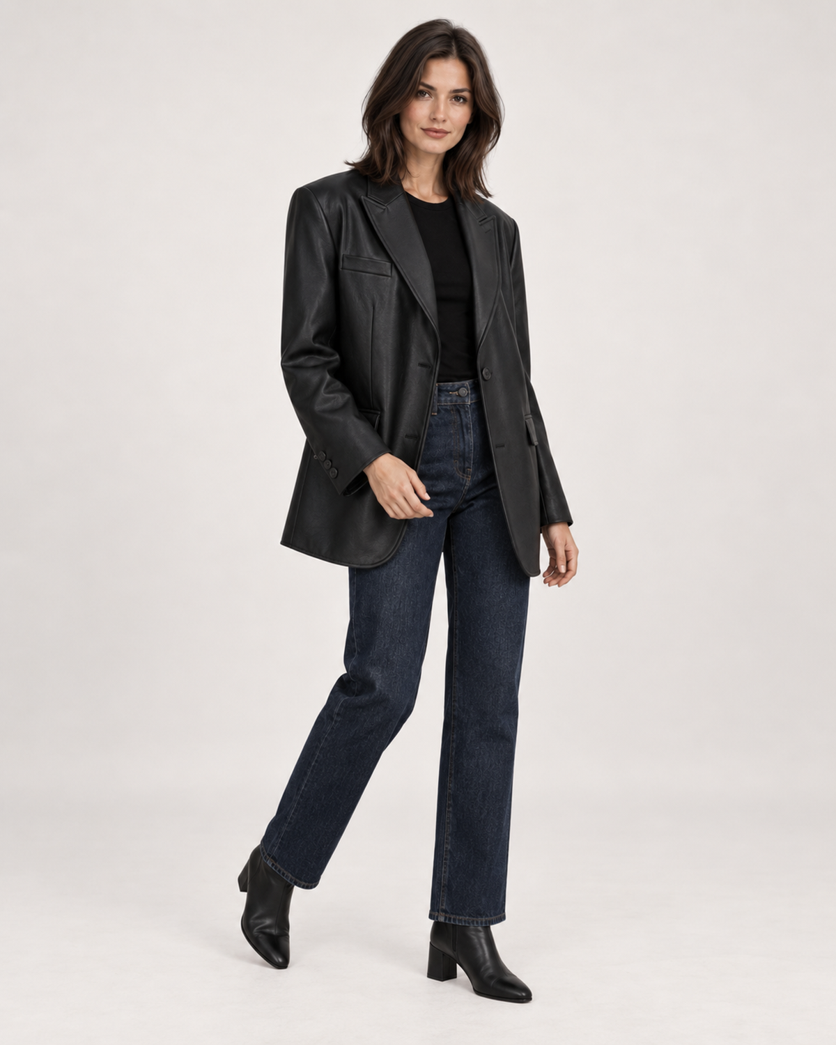Women’s Faux Leather Blazer with Oversized Fit in Black, three quarter body view