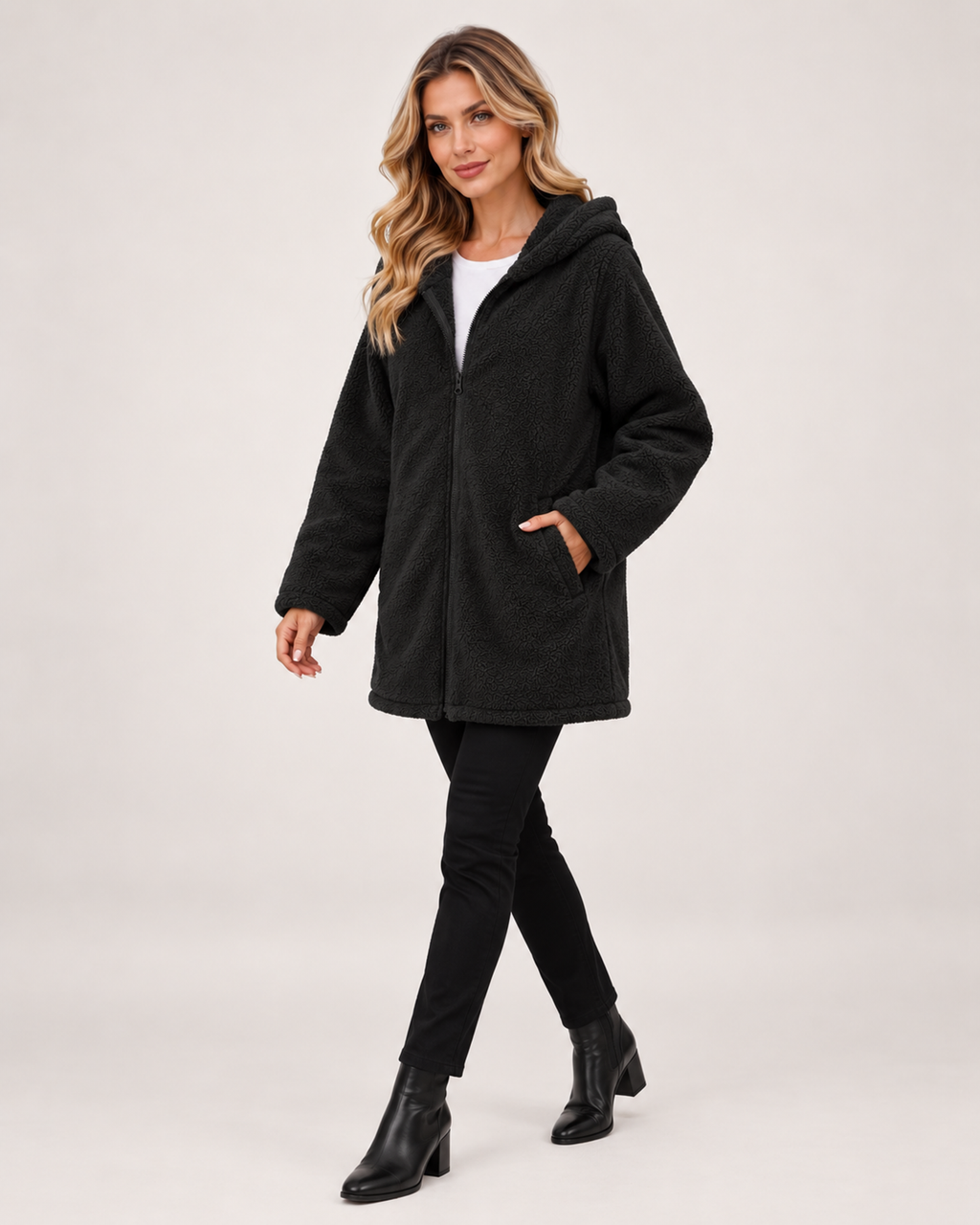 Women’s Fleece Jacket with Hood and Zip Front in Black, three quarter body view