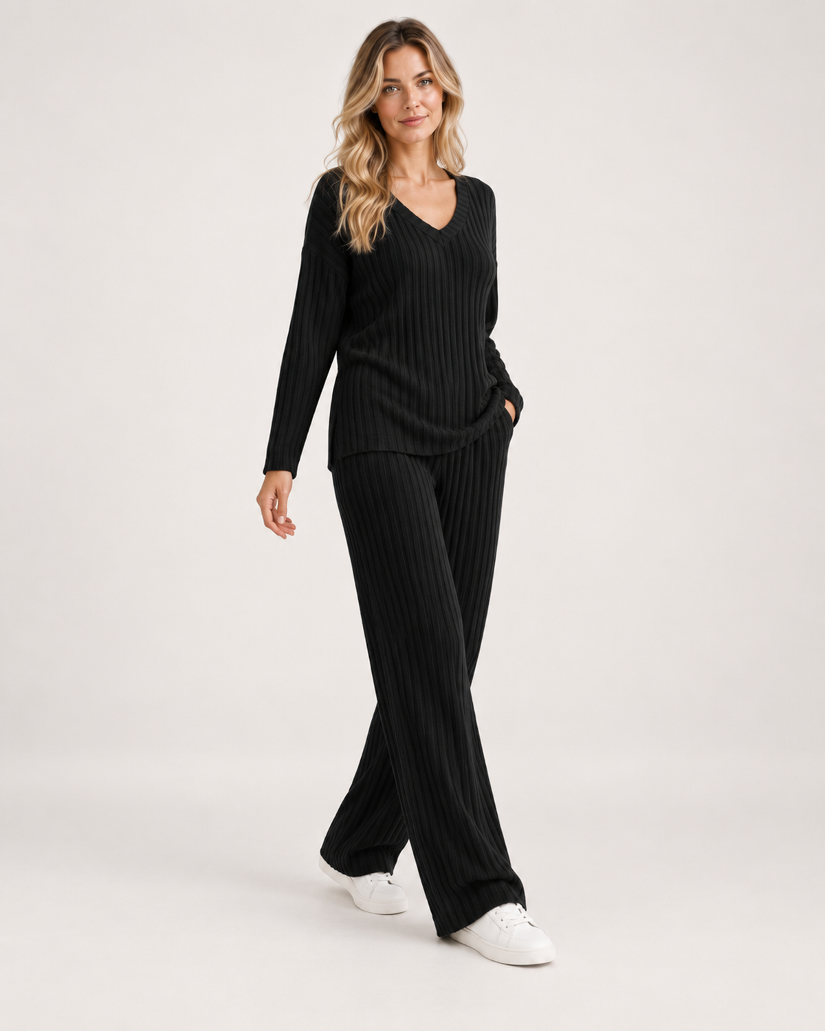 Women’s Co-Ord Set with Ribbed V-Neck Top and Wide Leg Trousers in Black, three quarter body view