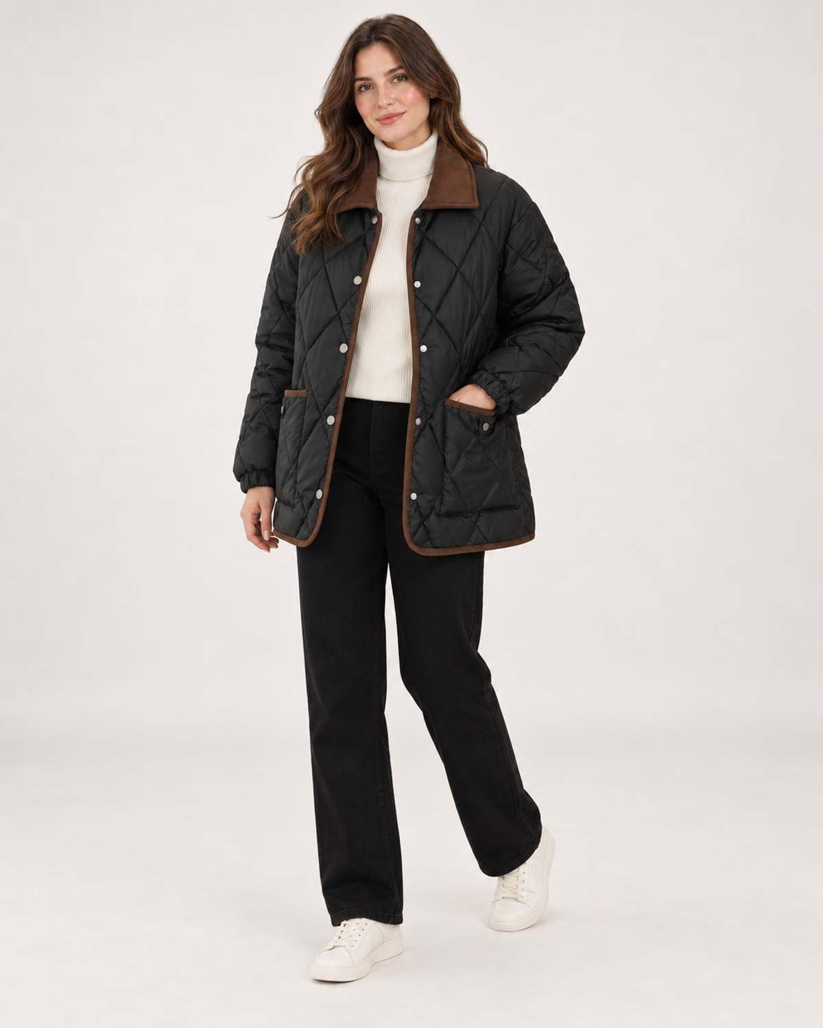Women’s Quilted Jacket with Contrast Collar in Black, three quarter body view