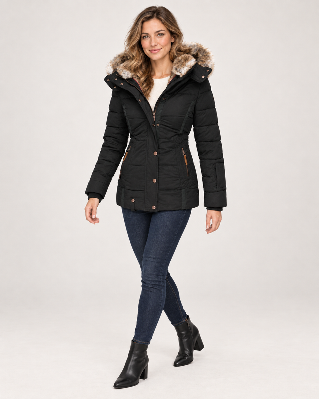 Women’s Puffer Jacket with Faux Fur Hood in Black, three quarter body view