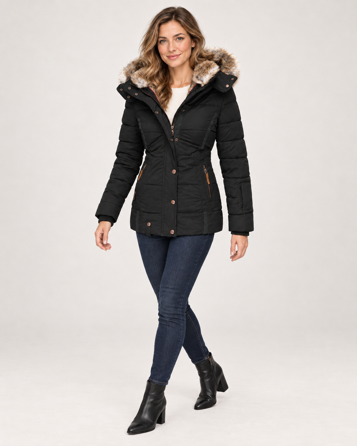 Women’s Puffer Jacket with Faux Fur Hood in Black, three quarter body view