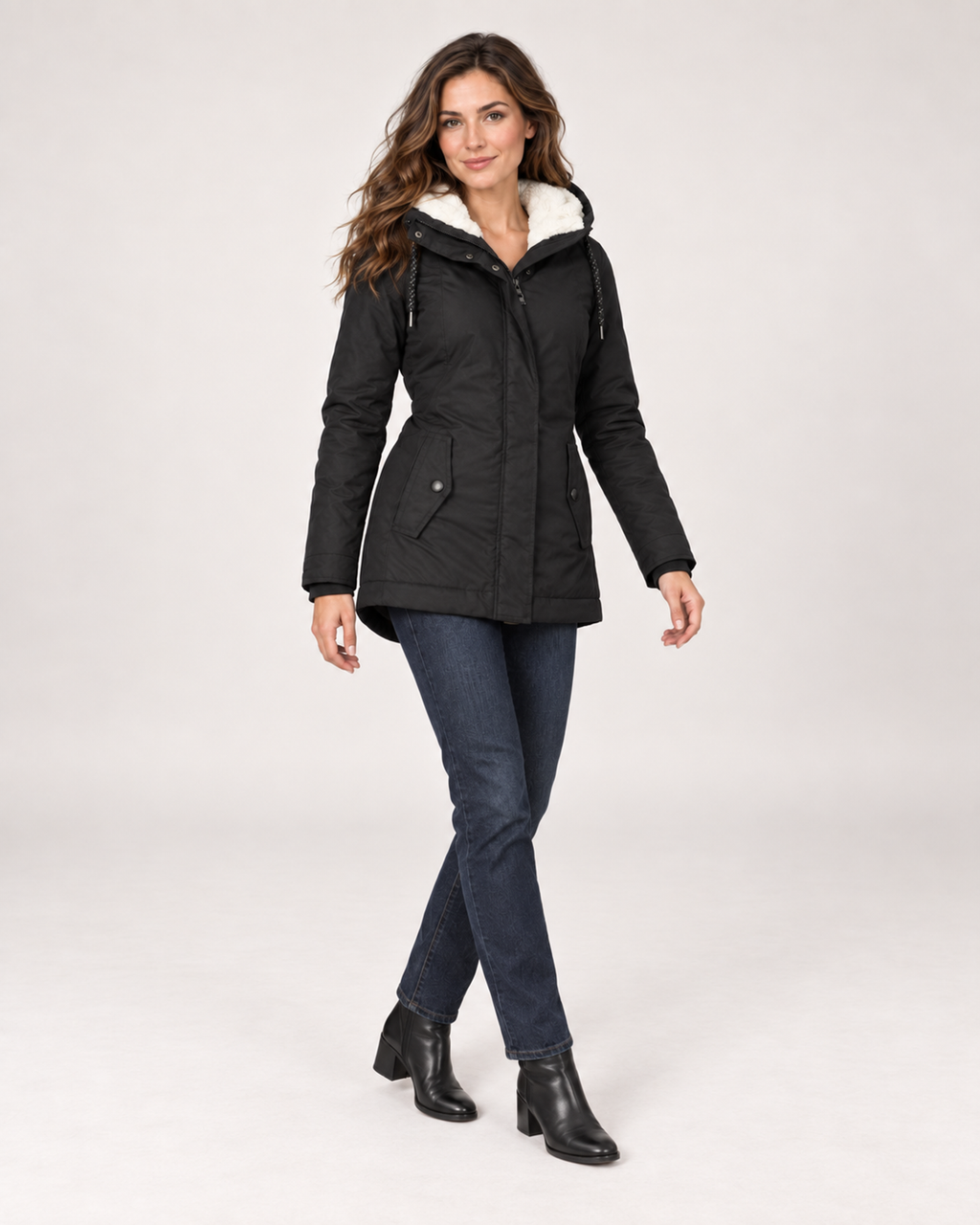 Women’s Fleece Lined Jacket with Hood and Zip Front in Black, three quarter body view