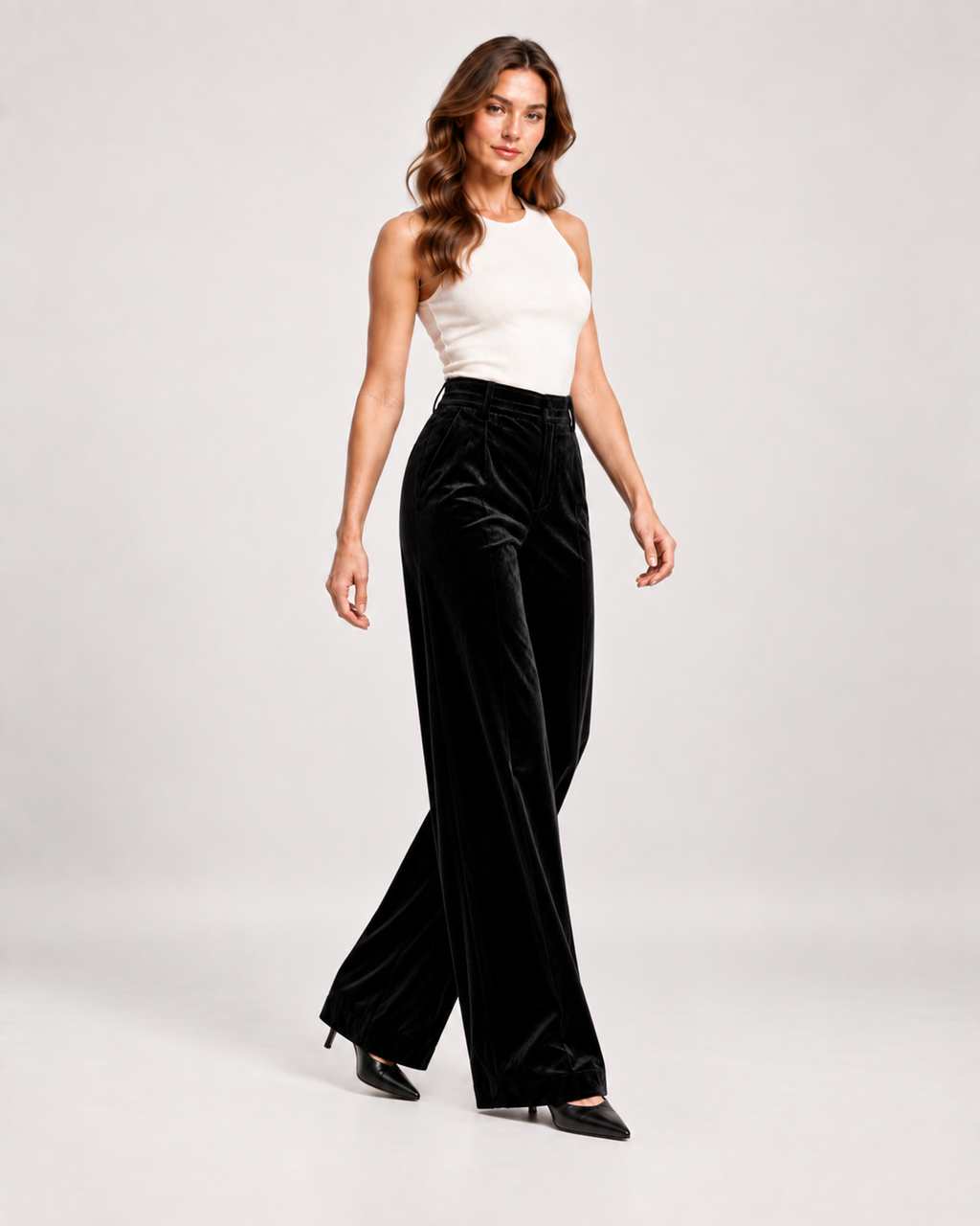 Women’s Wide Leg Trousers with High Waist and Pockets in Black, three quarter body view