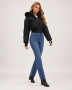 Women’s Puffer Jacket with Cropped Shape and Detachable Hood Trim in Black, three quarter body view