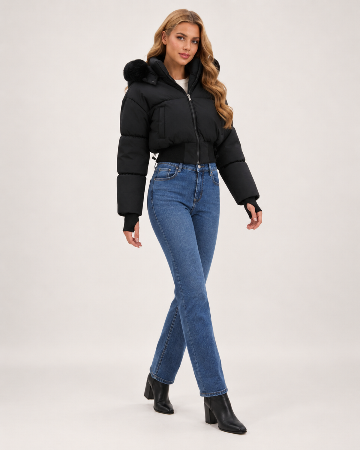 Women’s Puffer Jacket with Cropped Shape and Detachable Hood Trim in Black, three quarter body view