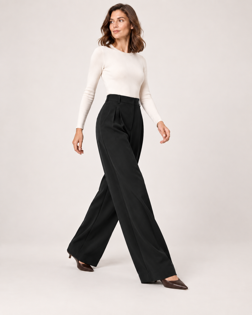 Women’s Straight Leg Trousers with High Waist and Front Pleats in Black, three quarter body view