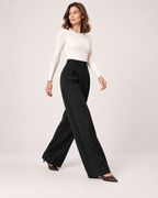 Women’s Straight Leg Trousers with High Waist and Front Pleats in Black, three quarter body view
