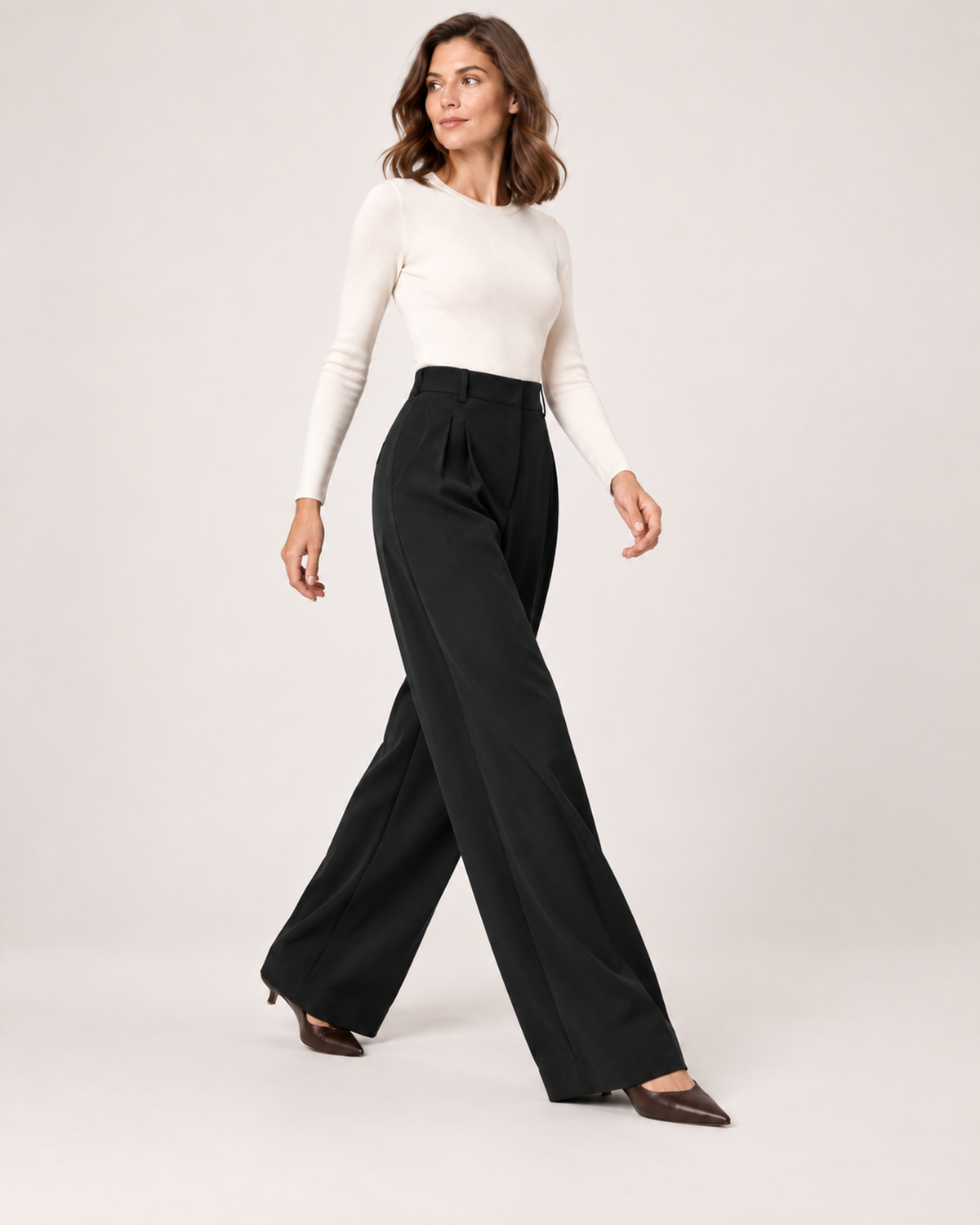 Women’s Straight Leg Trousers with High Waist and Front Pleats in Black, three quarter body view