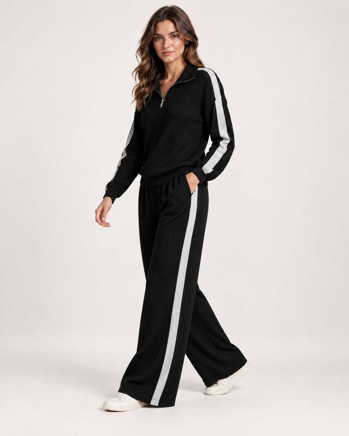Women’s Co-Ord Set with Half Zip Top and Wide Leg Trousers in Black, three quarter body view