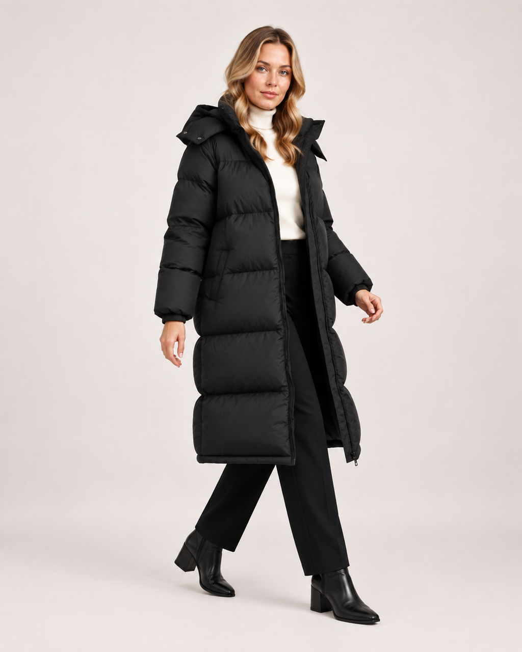 Women’s Long Puffer Coat with Hood and Oversized Fit in Black, three quarter body view
