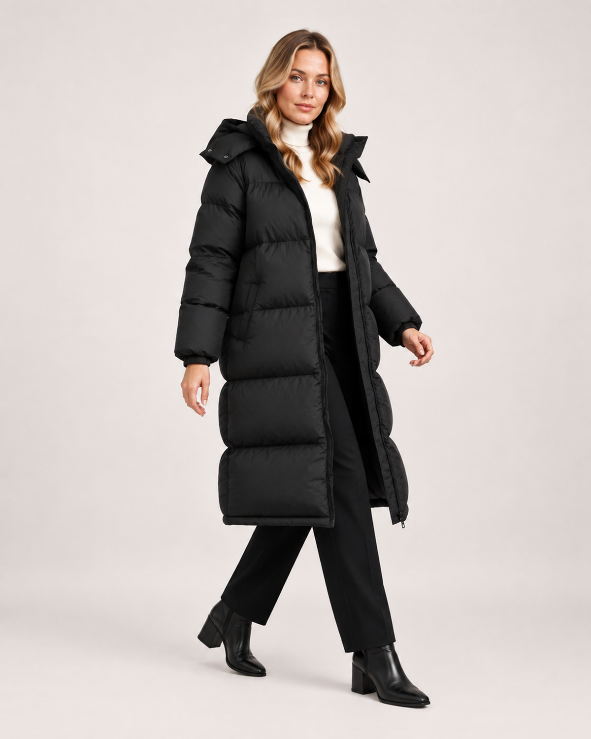 Women’s Long Puffer Coat with Hood and Oversized Fit in Black, three quarter body view