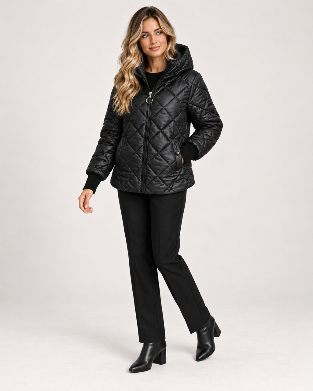 Women’s Quilted Jacket with Hood and Zip Front in Black, three quarter body view