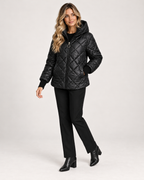 Women’s Quilted Jacket with Hood and Zip Front in Black, three quarter body view