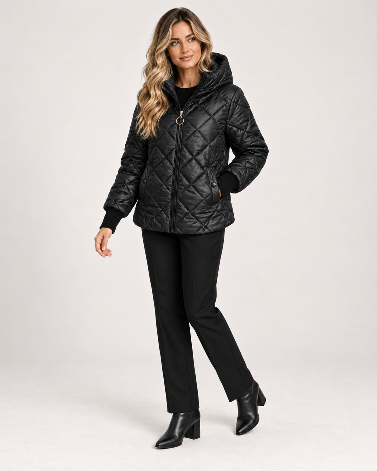 Women’s Quilted Jacket with Hood and Zip Front in Black, three quarter body view