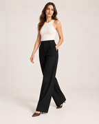 Women’s Wide Leg Trousers with High Waist and Pockets in Black, three quarter body view