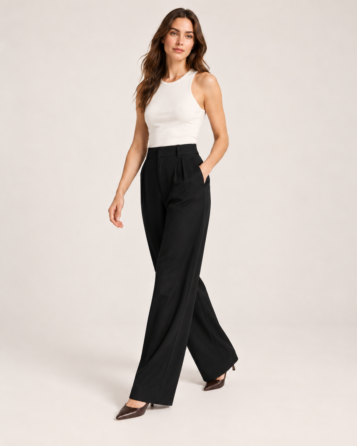 Women’s Wide Leg Trousers with High Waist and Pockets in Black, three quarter body view