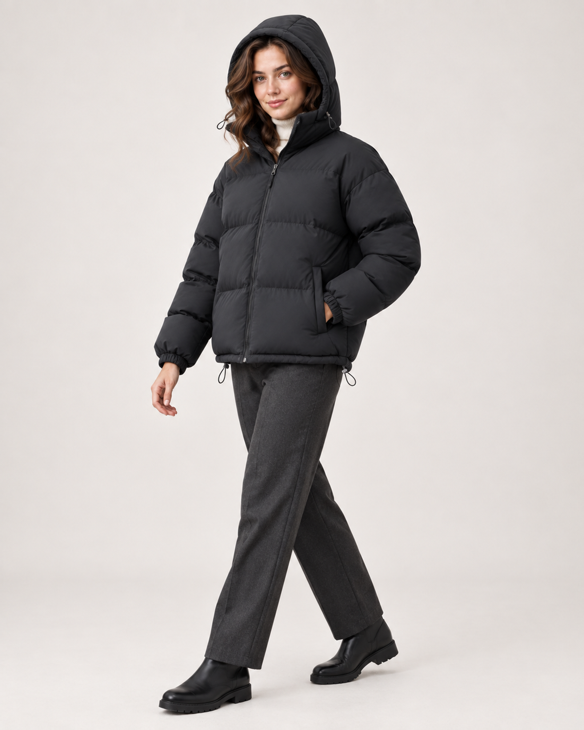 Women’s Puffer Jacket with Hood and Drawcord Hem in Black, three quarter body view