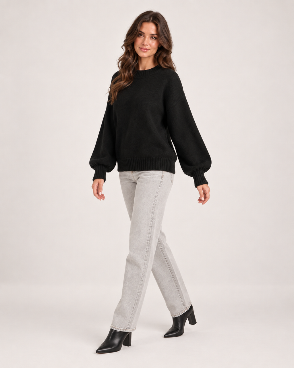 Women’s Crew Neck Jumper with Balloon Sleeves in Black, three quarter body view