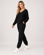 Women’s Loungewear Set with Ribbed Finish and V Neck in Black, three quarter body view