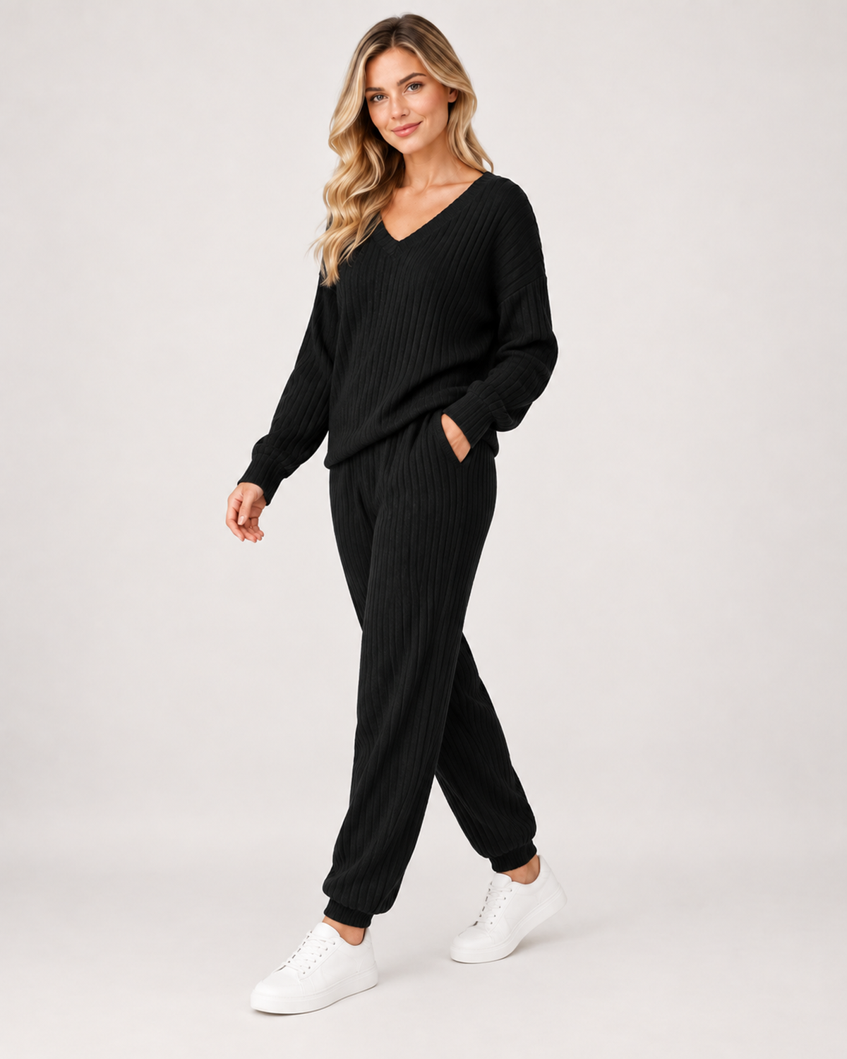 Women’s Loungewear Set with Ribbed Finish and V Neck in Black, three quarter body view