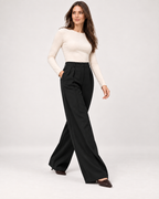 Women’s Wide Leg Trousers with High Waist and Side Pockets in Black, three quarter body view