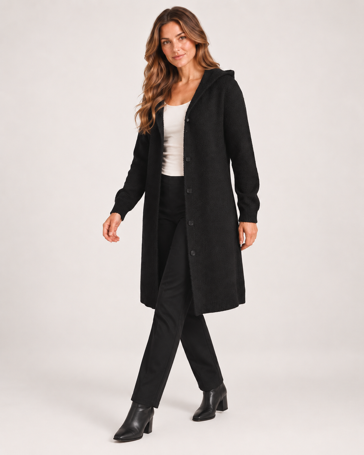 Women’s Longline Cardigan with Hood and Button Front in Black, three quarter body view