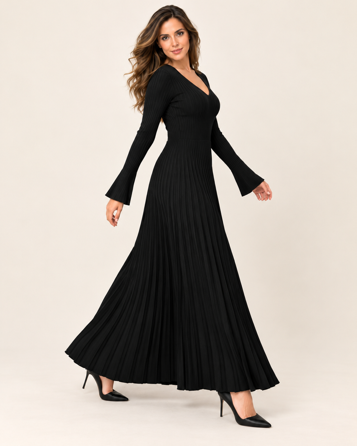 Women’s Knitted Dress with V Neck and Pleated Maxi Skirt in Black, three quarter body view