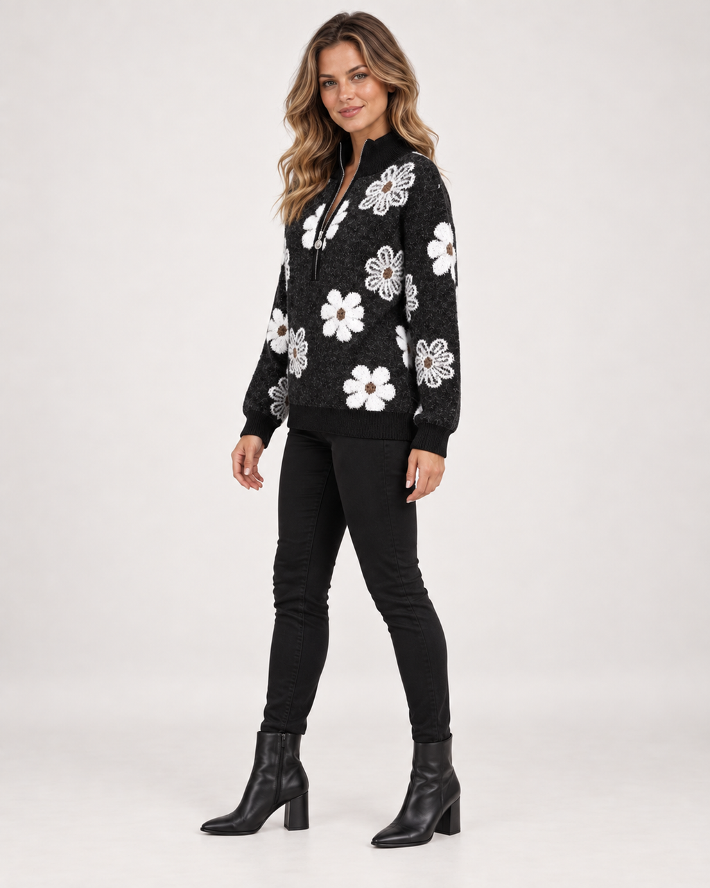 Women’s Half-Zip Jumper with Floral Pattern in Black, three quarter body view