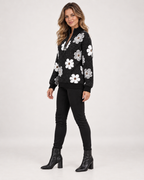 Women’s Half-Zip Jumper with Floral Pattern in Black, three quarter body view
