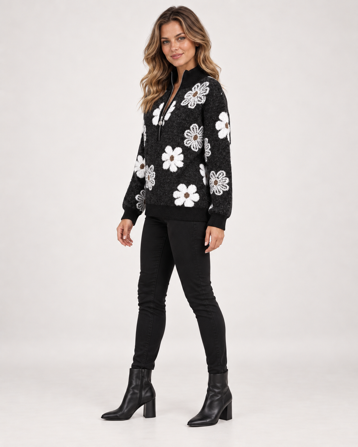 Women’s Half-Zip Jumper with Floral Pattern in Black, three quarter body view