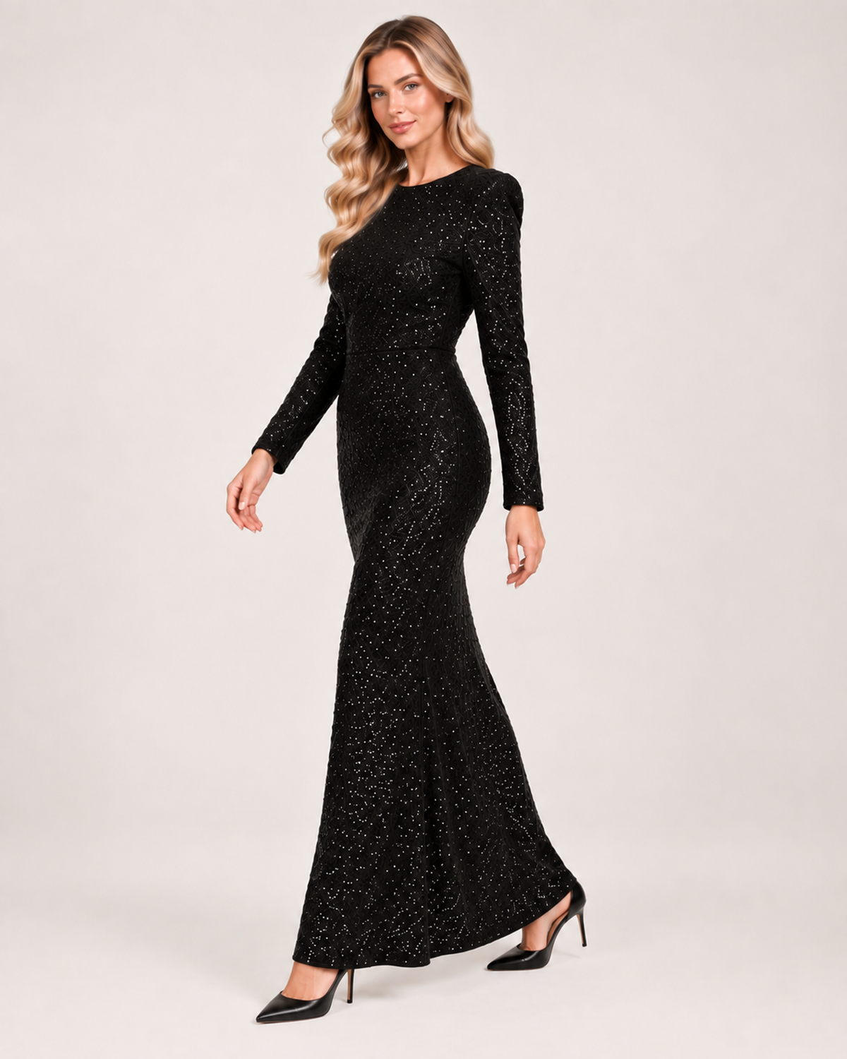 Women’s Long Sleeve Sequin Dress with Open Back Bow in Black, three quarter body view