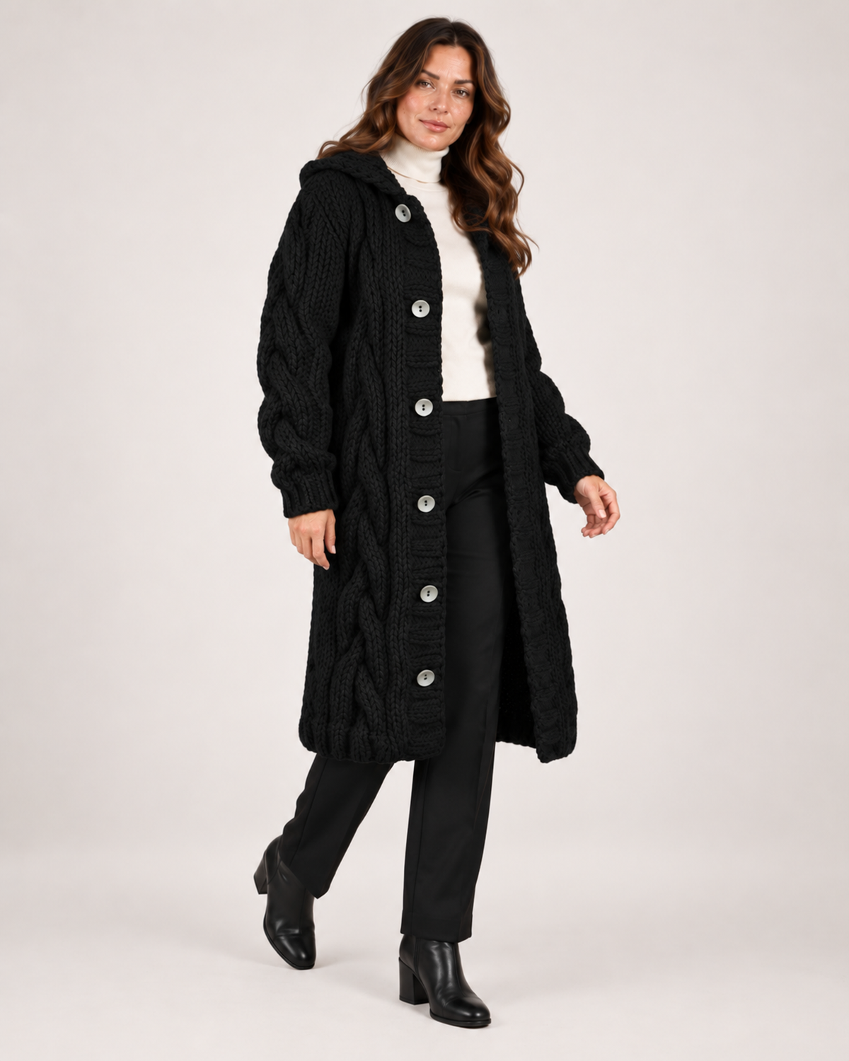 Women’s Longline Cardigan with Cable Knit and Hood in Black, three quarter body view