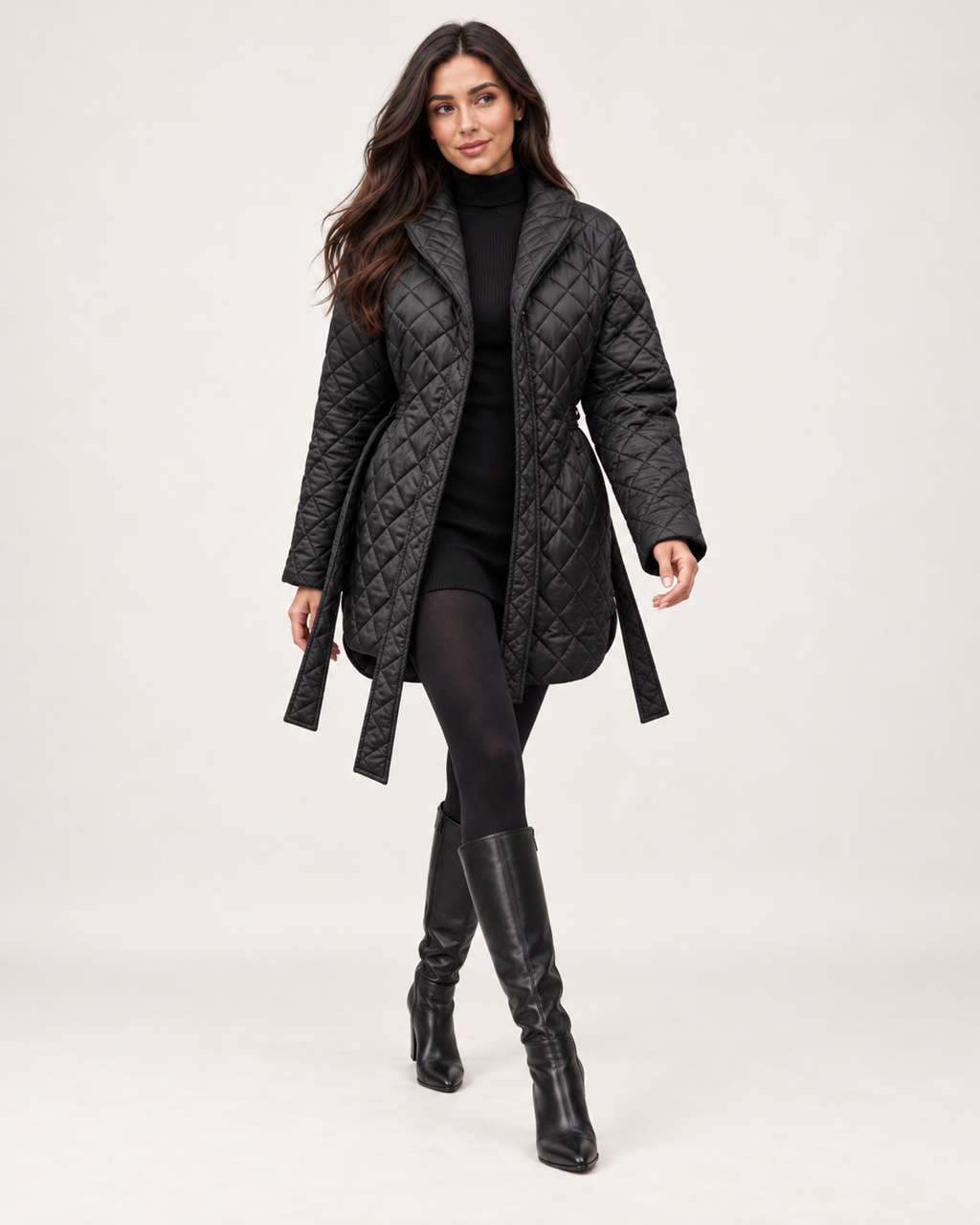 Women’s Quilted Coat with Belt and Lapel Collar in Black, three quarter body view