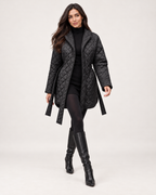 Women’s Quilted Coat with Belt and Lapel Collar in Black, three quarter body view