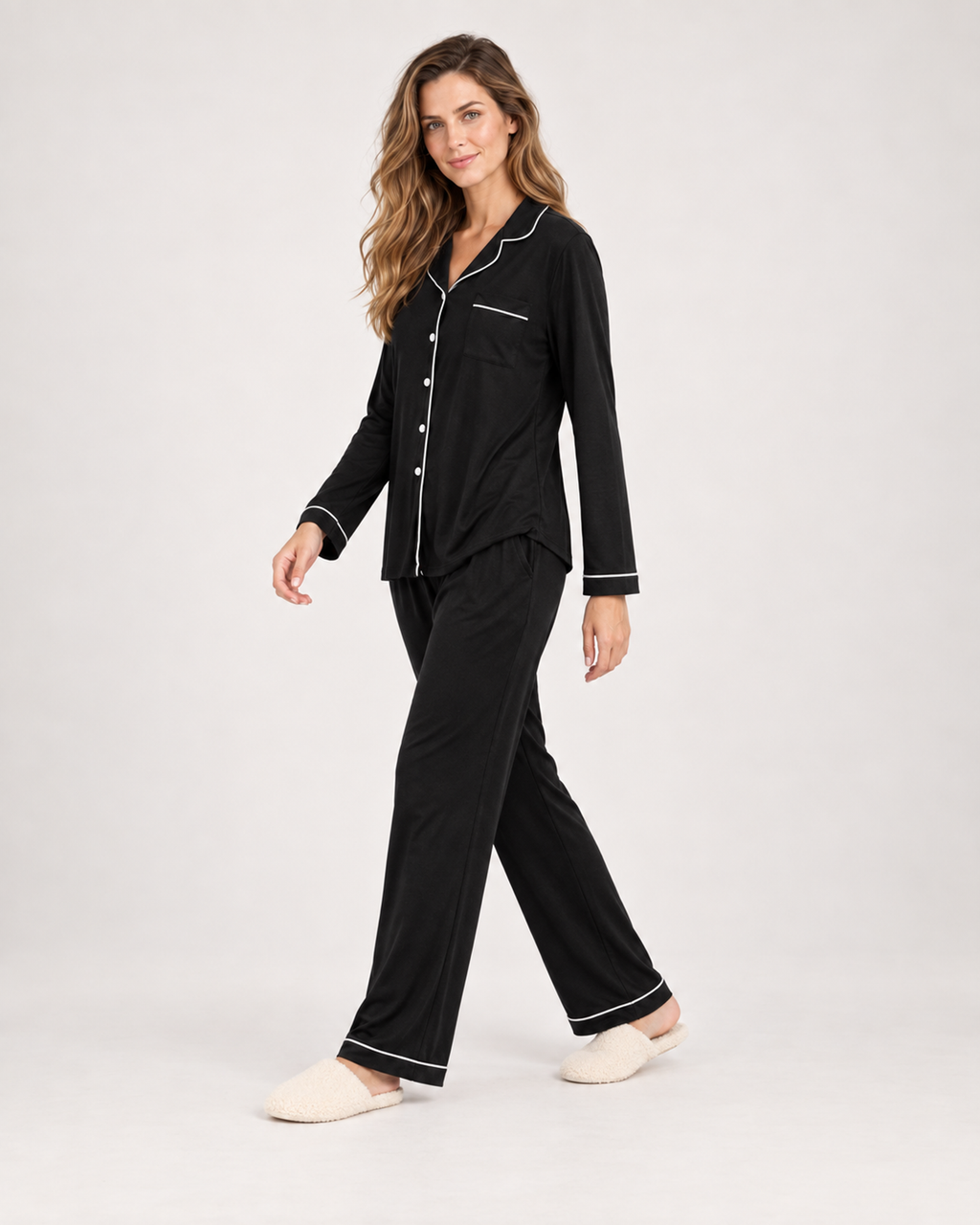 Women’s Pyjama Set in Modal with Contrast Piping in Black, three quarter body view