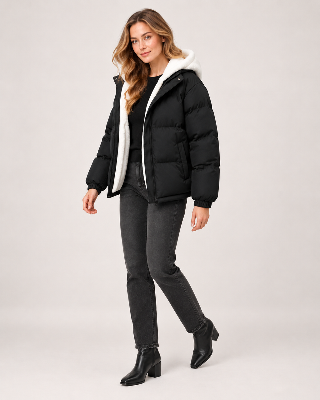 Women’s Puffer Jacket with Hood and Zip Front in Black, three quarter body view