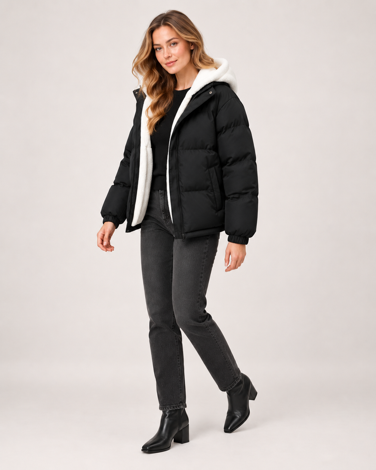 Women’s Puffer Jacket with Hood and Zip Front in Black, three quarter body view