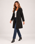 Women’s Longline Cardigan with Button Front and Pockets in Black, three quarter body view